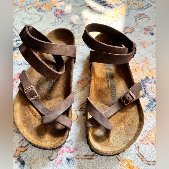Birkenstock Shoes - Birkenstock Yara Sandals Women's Size 7 Or 38 Brown Leather Ankle Strap EUC